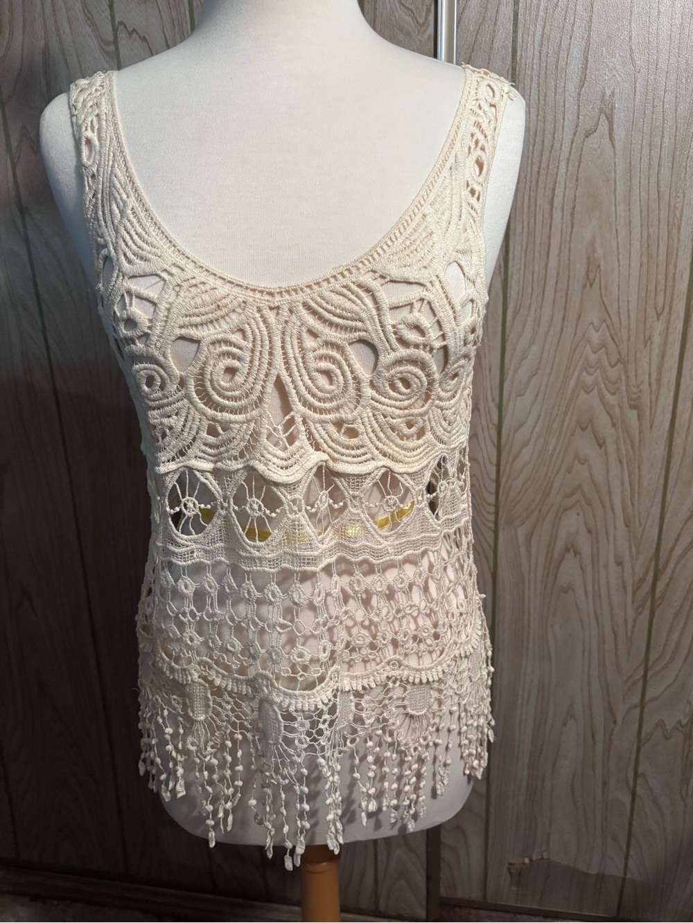 Anthropologie Crochet Fringe Tank Top - Cream Women's Sleeveless over-Top